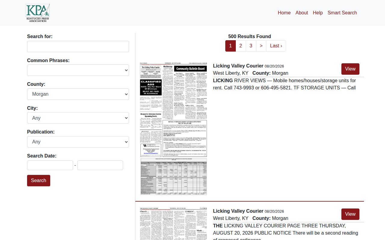 Morgan County crime news search on the Licking Valley Courier public notice service