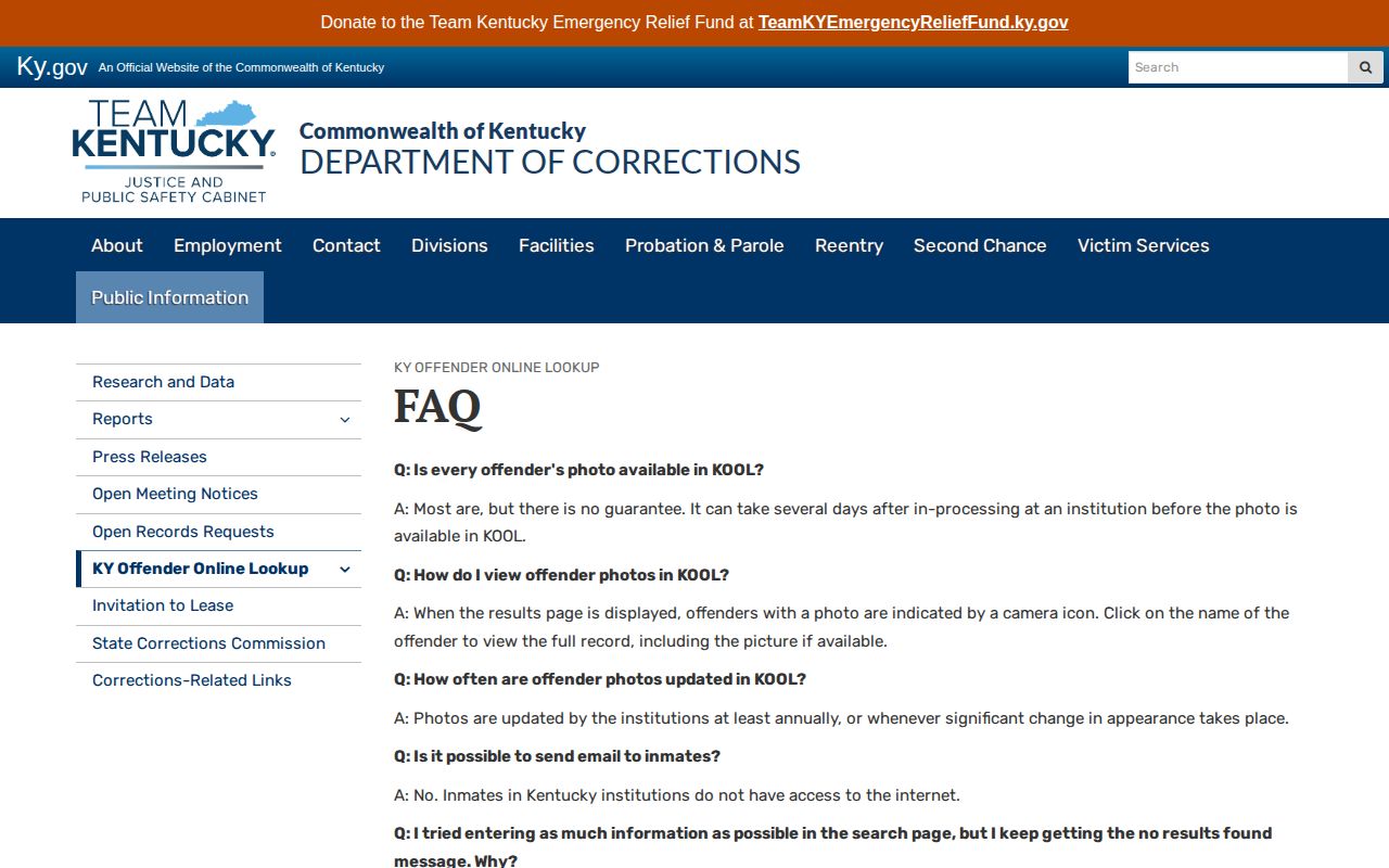 Kentucky DOC KOOL Morgan County offender photo policy