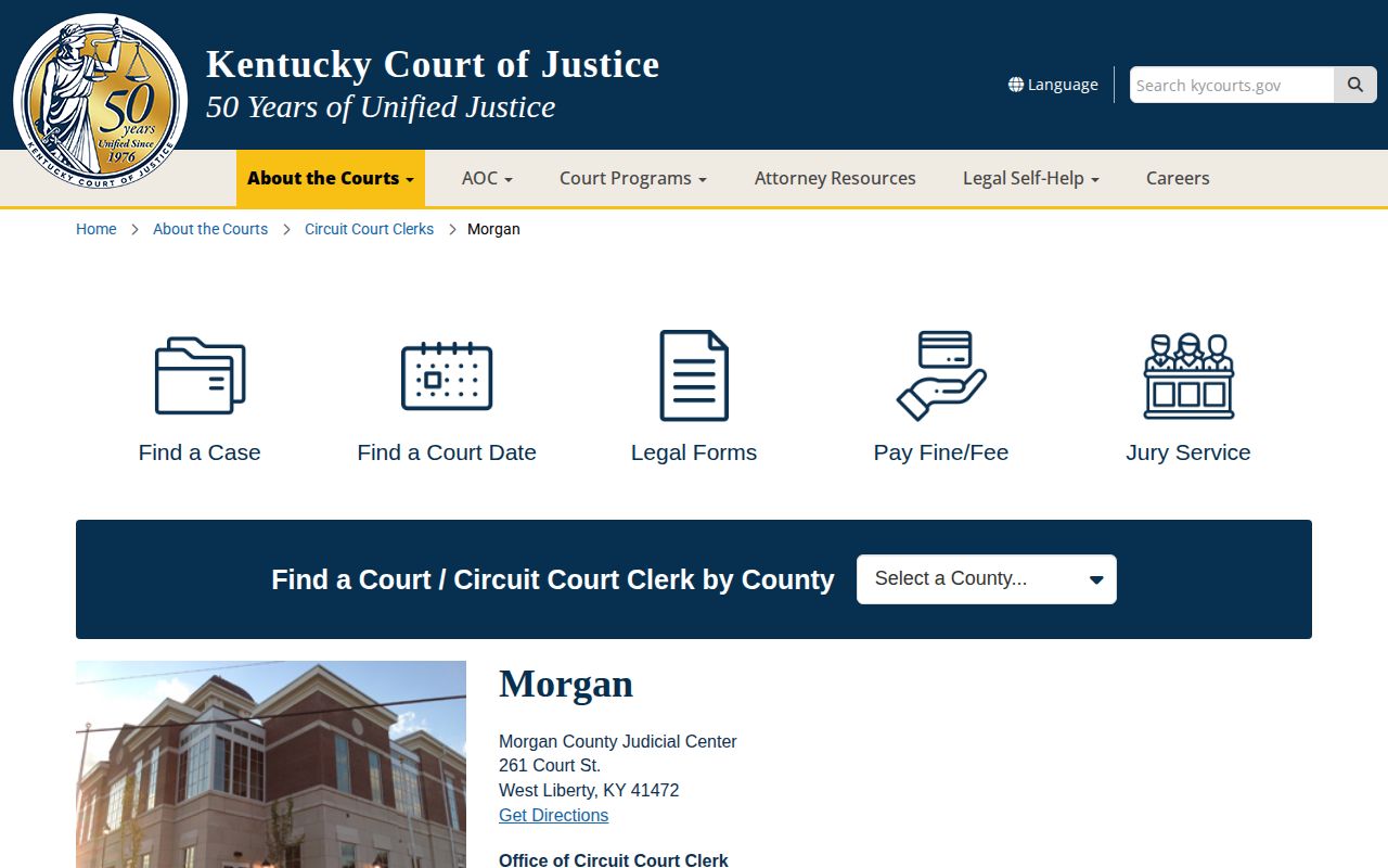 Morgan County Court of Justice contact page for warrant and court records